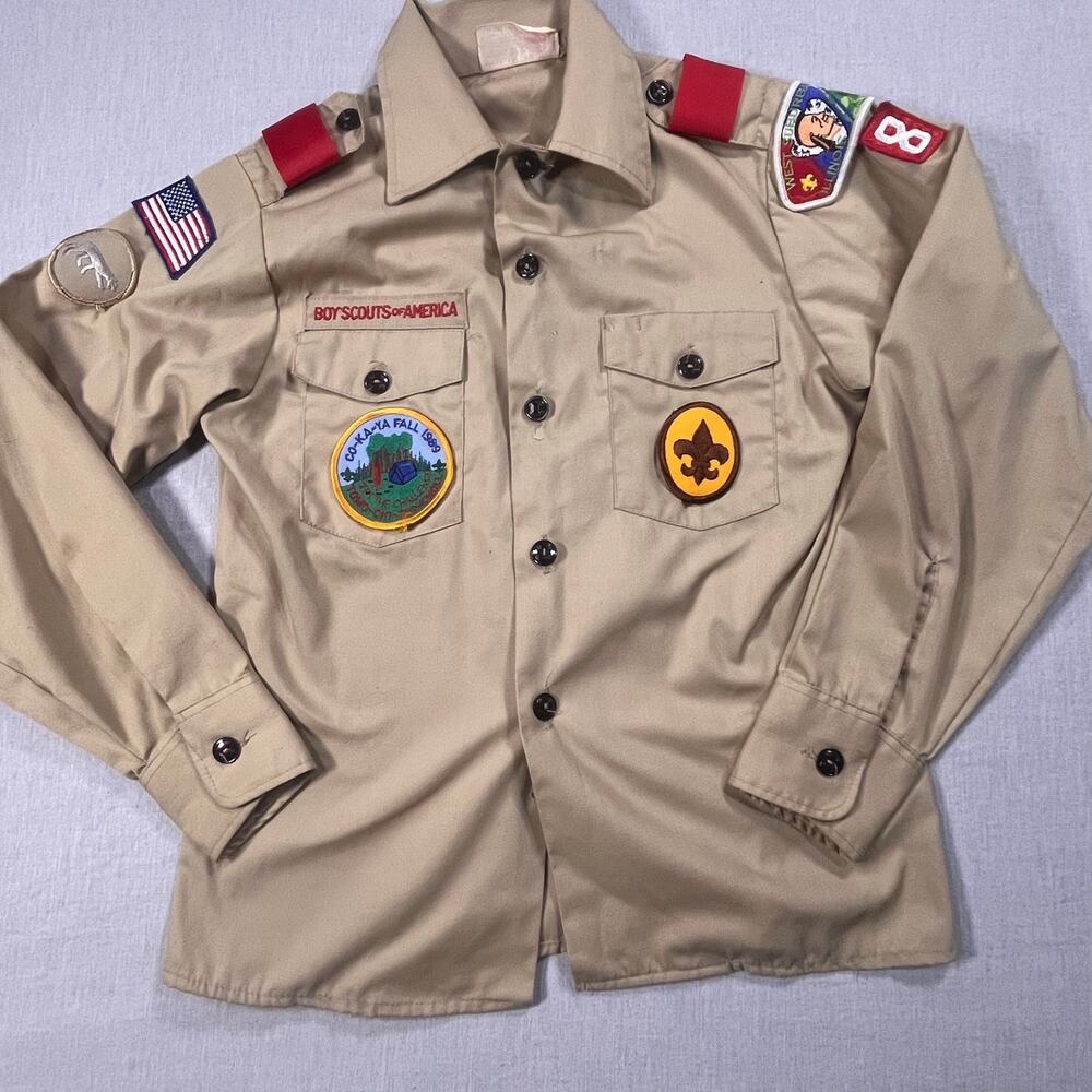 Vintage BSA Official Uniform Shirt Youth‎ 12 Tan Patches Scouts USA Collectible